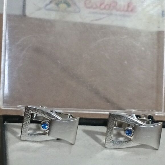 Mens Vintage Silver Tone Buckle Cufflinks Tie Clip Blue Rhinestone - Picture 6 of 6